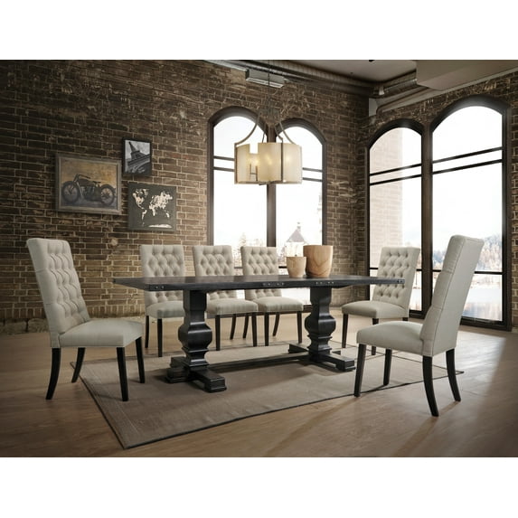 Morland 7-Piece Dining Set - Black Vintage Finish, Seats 6. 88" Table, Linen Chairs. Perfect for Dining Room & Kitchen. Classic Design.