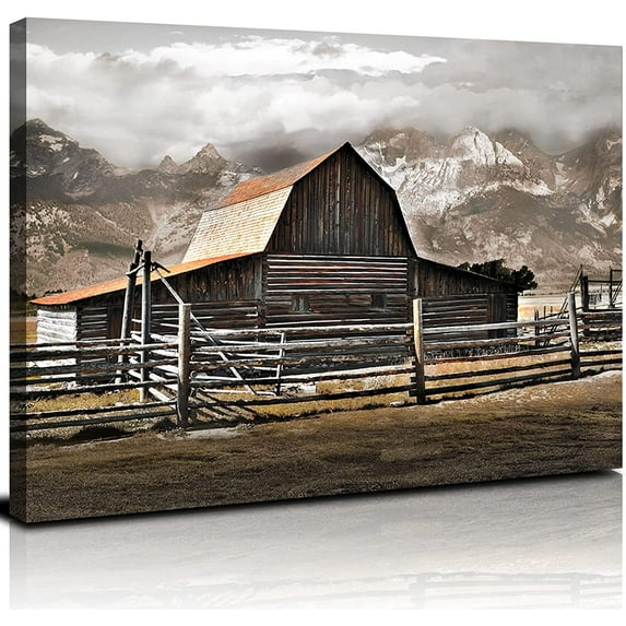 Mormon Barn Canvas Wall Art Rustic Landscape Picture for Bathroom Decor Grand Teton Natural Scenery Framed Photo Poster Farmhouse Mountain Artwork Panting Bedroom Home Decoration 12x16