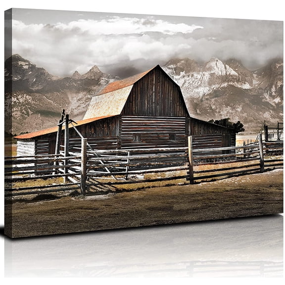 Mormon Barn Canvas Wall Art Rustic Landscape Picture for Bathroom Decor Grand Teton Natural Scenery Framed Photo Poster Farmhouse Mountain Artwork Panting Bedroom Home Decoration 12x16