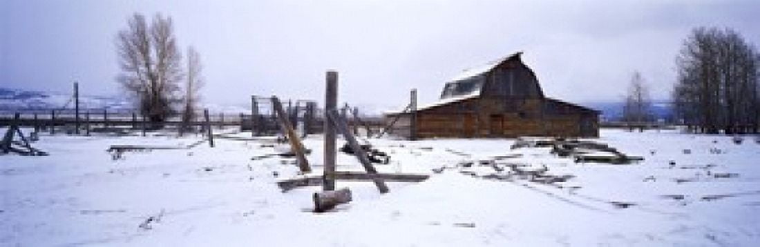 Mormon barn in winter Wyoming USA Canvas Art - Panoramic Images (18 x 6)