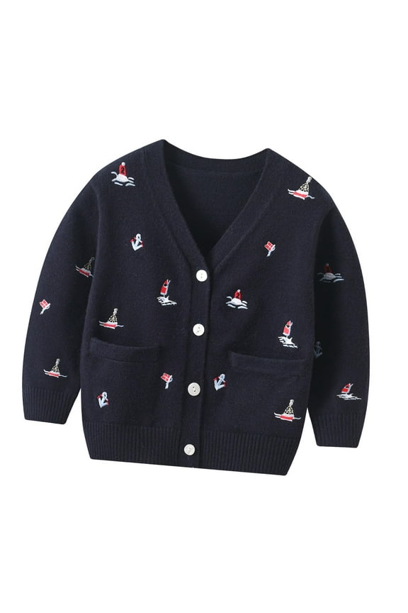 Boys Cardigan Sweater Jacket Button Sailboat Embroidery Uniform Navy Soft Casual For height 73cm