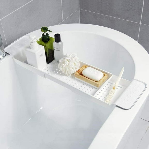 Mornenjoy Bath Tray for Tub,Bathtub Caddy Tray, Expandable Bath Tub Table Tray Bathtub Shelf Caddy Tray Bath Stand Kitchen Shelf Bathroom Bath Board Organizer Trays for Wine Book Bath Products (White)