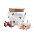 thumbnail image 1 of Mornenjoy Garlic Keeper,Ceramic Garlic Jar Storage Garlic Collection Vented Hollow Pumpkin Shape Stoneware Garlic Container with Lid (White Ceramic-S), 1 of 9