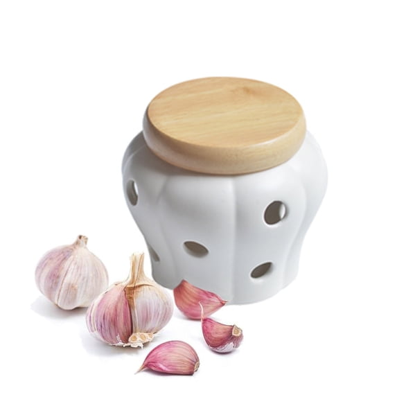Mornenjoy Garlic Keeper,Ceramic Macaron Tone Garlic Jar Hollow Pumpkin Garlic Vented Storage Container Garlic Cellar Pot with Bamboo Lid (Matte white)