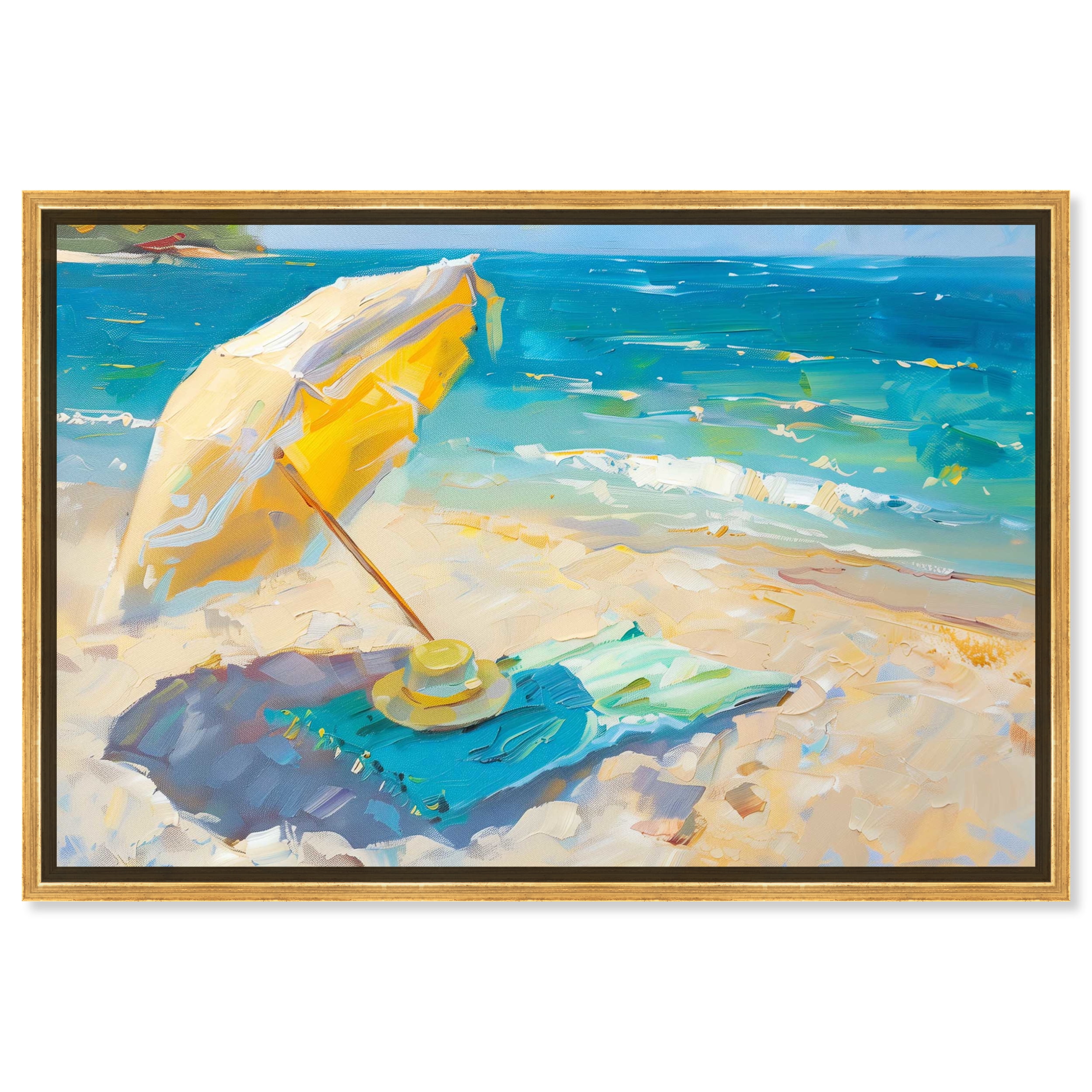 Morning Beach View Colorful Coastal Canvas Wall Art with Gold Frame