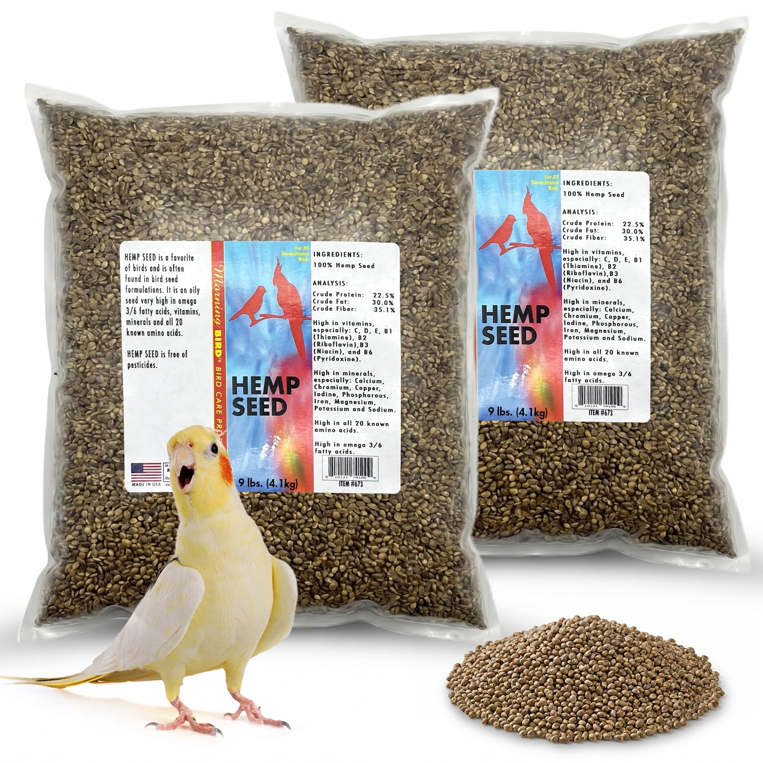 Morning Bird Hemp Seeds 18 lbs (2-Pack, 9 lbs Each) –  Bird Food for Parrots, Canaries & Finches – Natural Hemp Seed for Daily Nutrition
