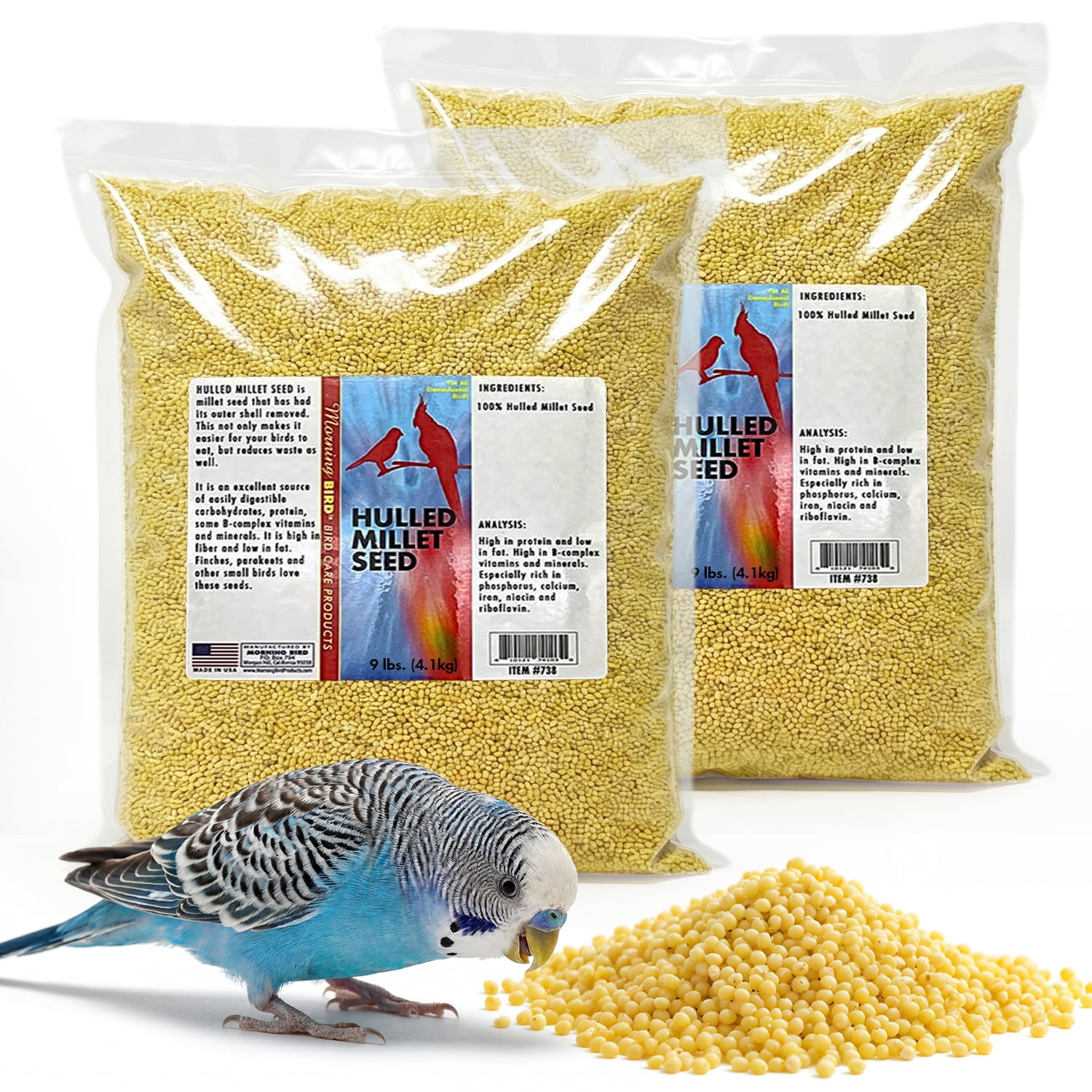 Morning Bird Hulled Millet 18 lbs (2-Pack, 9 lbs Each) – Bird Food for Parakeets, Finches & Canaries – Easy-to-Digest Millet Seed for Daily Nuupplements for Birds, Ideal Bird Feed for All Bird Types,