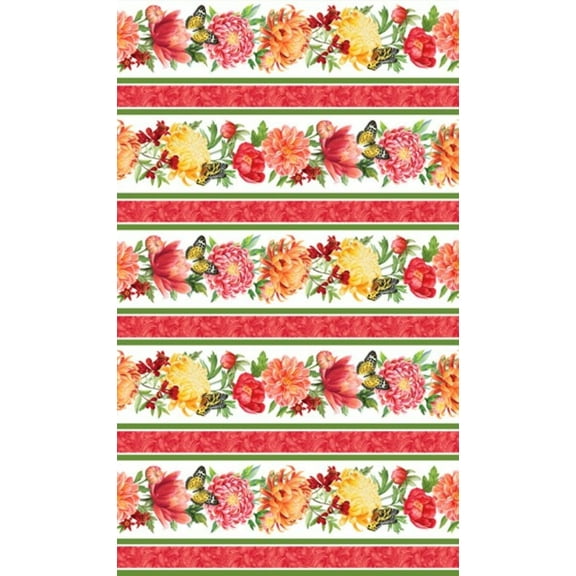 Morning Blossom Border Stripe White Background Cotton Fabric by Northcott BTY