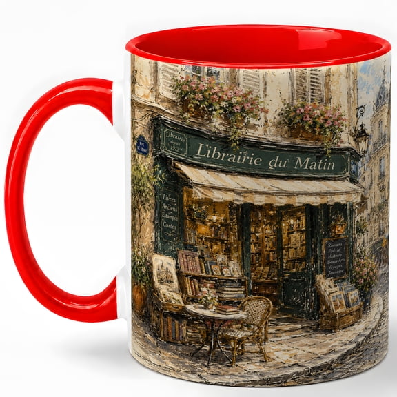 Morning Bookshop 11oz Ceramic Mug, Paris Book Lover Coffee Cup, Cozy Library Street Gift