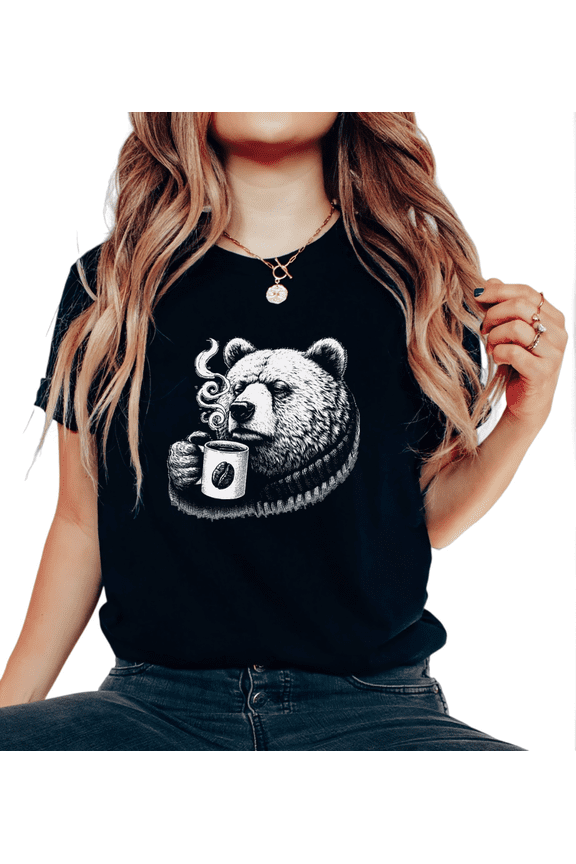 Morning Brew Bear Black S-5XL Cotton Cozy Graphic Tees Shirts Women Coffee Run Tops