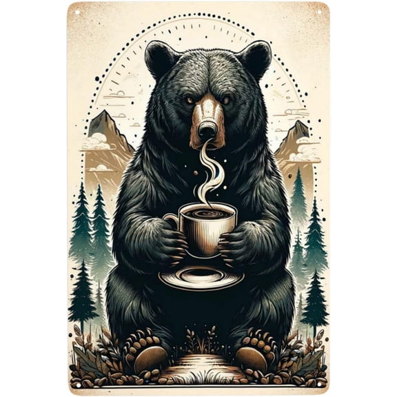 Morning Brew in the Wild Metal Wall Art Rustic Bear & Coffee Cup Tin Sign Cozy Cabin Decor for Kitchen & Living Room Vintage Metal Antique Tinplate Unique Gift for Wilderness Enthusiasts 12x8inch
