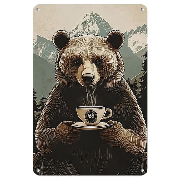 Morning Brew in the Wild Metal Wall Art Rustic Bear & Coffee Cup Tin Sign Cozy Cabin Decor for Kitchen & Living Room Vintage Metal Antique Iron Unique Gift for Wilderness Enthusiasts