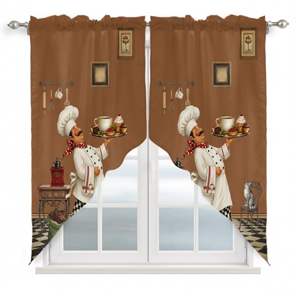 Morning Coffee Swag Valances for Windows 2 Pack Brown Farmhouse Cafe Chef Cat Black White Plaid Swag Kitchen Curtains 36 Inches Long Rod Pocket Short Window Treatment for Kitchen Bathroom 36"x36"