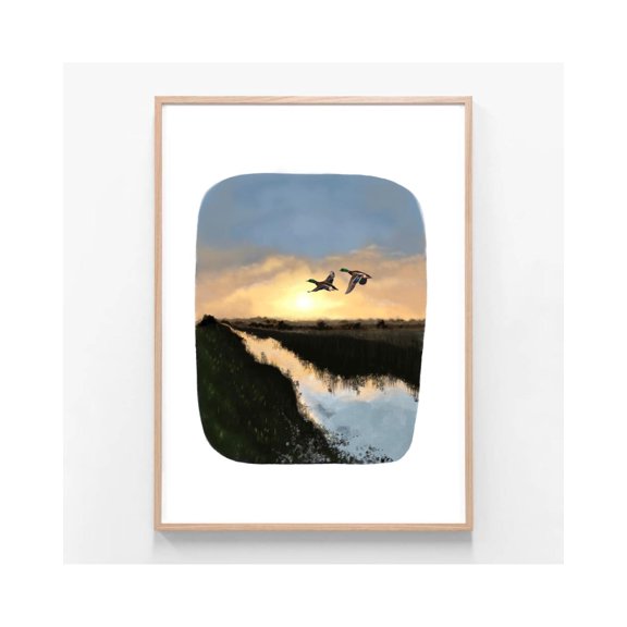 Morning Field River Stream Landscape, Geese Goose, Travel Nature Quirky Handdrawn Poster Illustration Wall Art Drawing Giclee Print , Poster Print Only