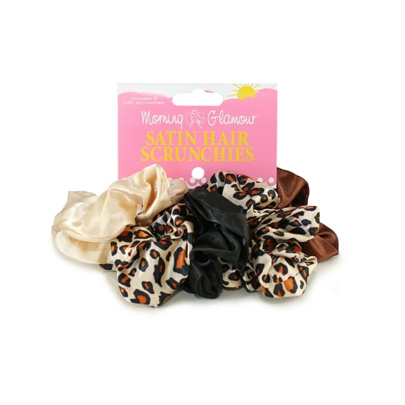 Morning Glamour Satin Hair Scrunchies 5 Pack - Leopard Combo