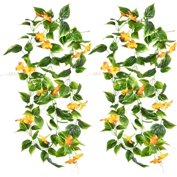 Morning Glory Flower Vine 5Feet Artificial Flower Vines Morning Glory Hanging Plant Fake Hanging Vine Flowers Hanging Plants Silk Garland for Wall Stairway Home Decor Yellow, Pcs