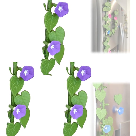 Morning Glory Magnets, Funny Morning Glory Climbing Ivy Fridge Magnet with Articulating Stems, 3D Flower Plant Vine Refrigerator Magnets Decoration for Home Kitchen Decor (Purple, 3Pcs)