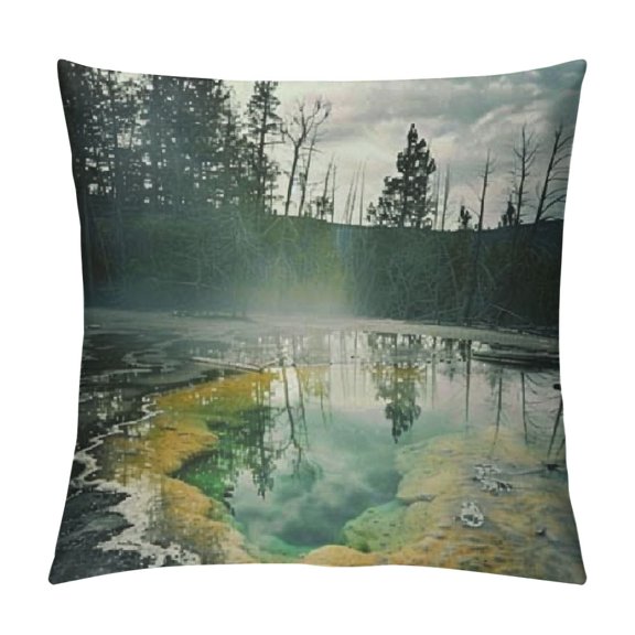 Morning Glory Pool Under Clouds' Landscape Photography Throw Cushion Pillow Cover for Living Room, Sofa