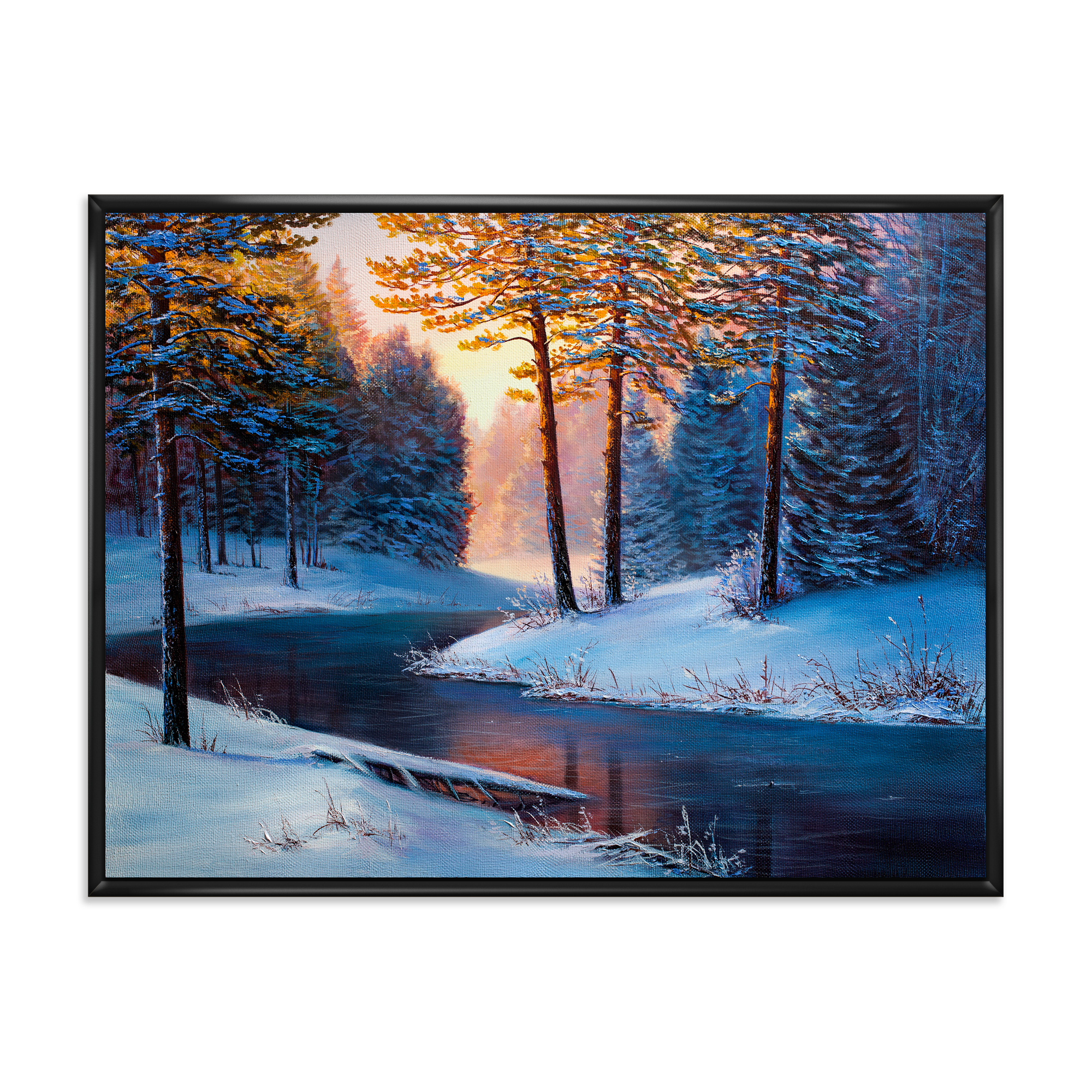 Morning Glow Through The Christmas Forest By The River 32 in x 24 in Framed Painting Canvas Art Print, by Designart