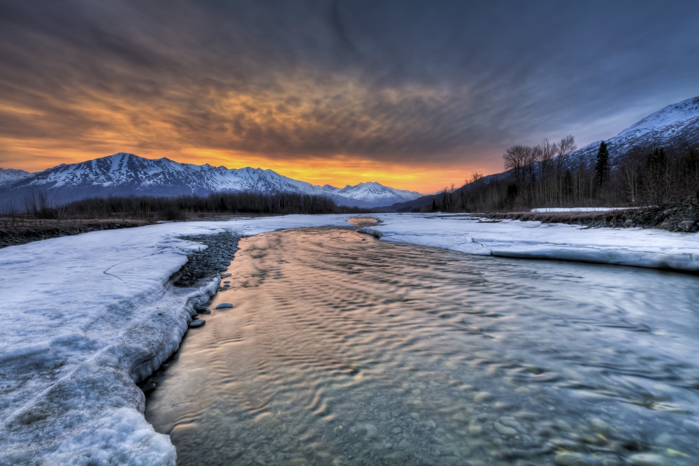 Morning Light Over The Chugach Mountains And Hunter Creek Near The Knik River In Southcentral Alaska Spring Hdr Canvas Art - Lucas Payne Design Pics (17 x 11)