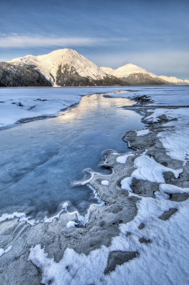 Morning Light On The Kenai Mountains Reflects On The Waters And Ice Of Turnagain Arm Southcentral Alaska Winter Hdr Canvas Art - Carl Johnson Design Pics (24 x 38)