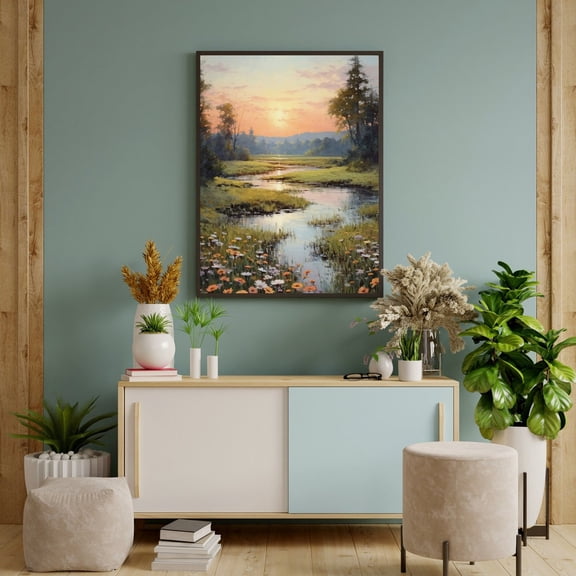 Morning Meadow Creek Reflection Rustic Landscape Wall Decor Unframed Paper Print
