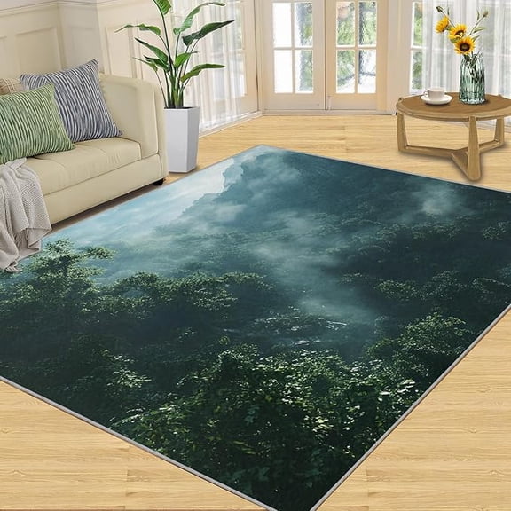 Morning Mist Forest Rugs for Bedroom, Cloud Forest Area Rug, Landscape Photo Rugs for Living Room, Indoor Non-Slip Rug, Machine Washable Carpet for Front Entrance Floor Decor 4 x 5ft