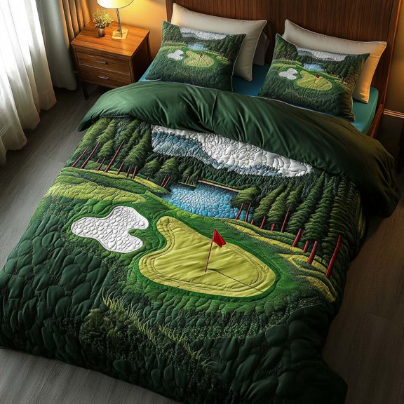 Morning Mist Golf Course 3-Piece Quilted Bedding Set