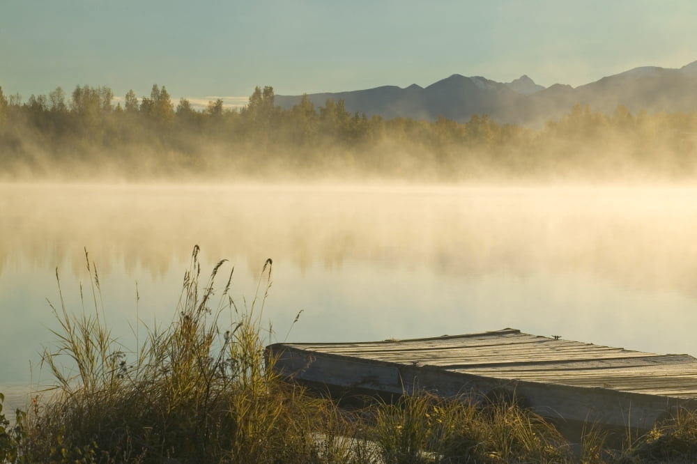 Morning Mist Rises On 6 Mile Lake Sc Ak Autumn Elmendorf Airforce Base Canvas Art - Michael DeYoung Design Pics (34 x 22)