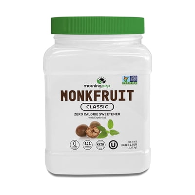 Morning Pep Monk Fruit Sweetener, Classic White, Keto Diet Friendly, 1:1 Sugar Replacement, For Baking, Coffee, Tea, Zero Calorie Non Gmo Project Verified, OU Kosher, White - 2.5 lb
