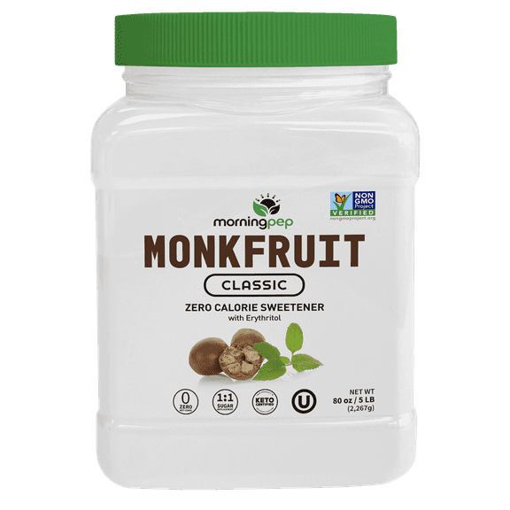 Morning Pep Monk Fruit Sweetener, Classic White, Keto Diet Friendly, 1:1 Sugar Replacement, For Baking, Coffee, Tea, Zero Calorie Non Gmo Project Verified, OU Kosher, White - 5 lb