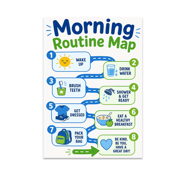Morning Routine Map for Families - Engaging Visual Poster - 13x19 Poster Print
