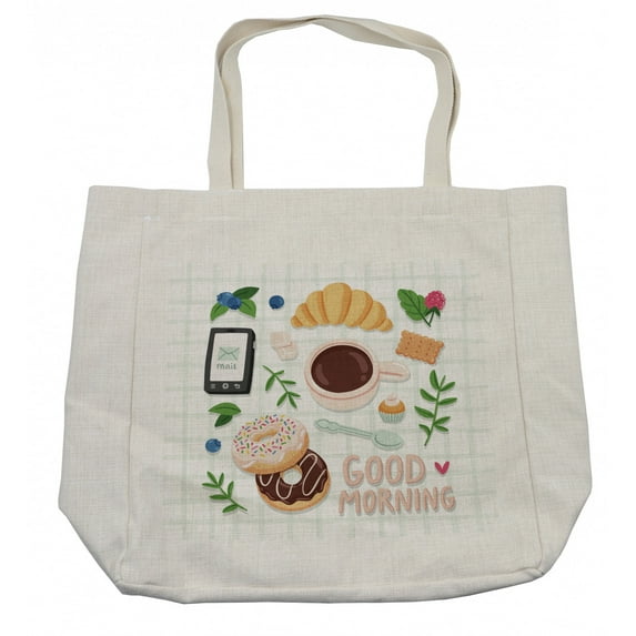 Morning Shopping Bag, Breakfast Coffee Croissant Raspberry and Chocolate Donuts Hipster Illustration, Eco-Friendly Reusable Bag for Groceries Beach and More, 15.5" X 14.5", Cream, by Ambesonne
