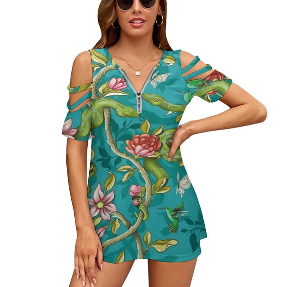 Morning Song - Turquoise Womens Summer V Neck Zipper Top Short Sleeve T Shirt Off Shoulder Top Casual Classy Loose Shirts