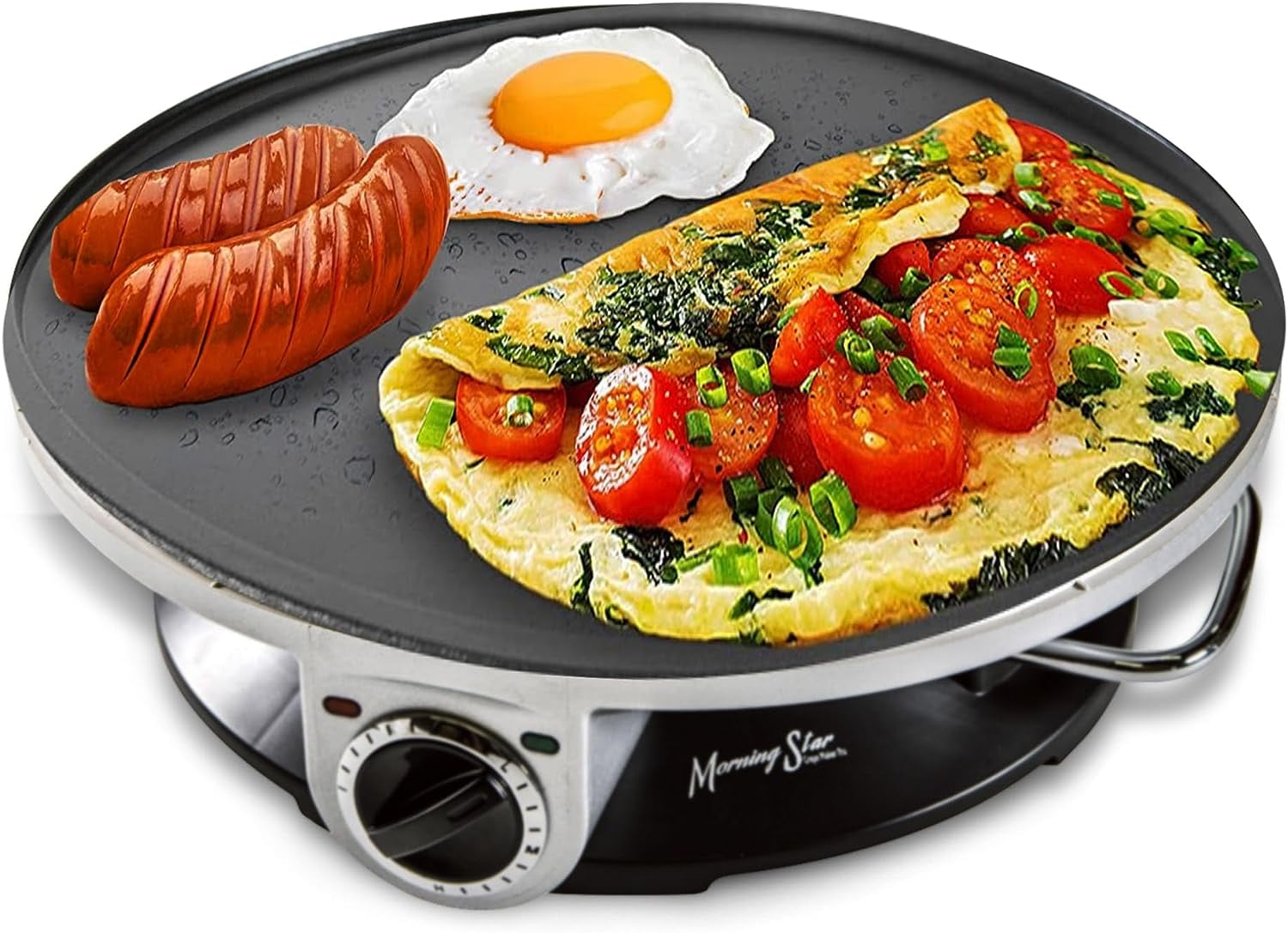 Morning Star Electric Crepe Maker with Large 13 Non-stick Griddle Ideal  for Pancakes, Tortillas, Omelets, Quesadillas, Bacon & Lefse, with Batter