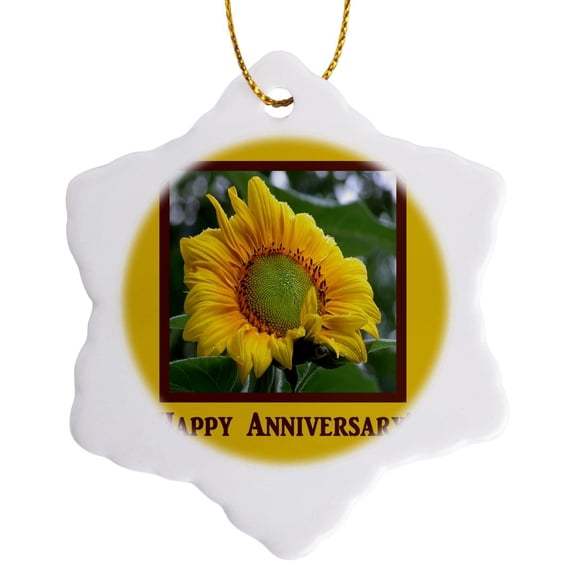 3drose, Morning Sunflower, Happy Anniversary, 3 inch Snowflake Porcelain Ornament
