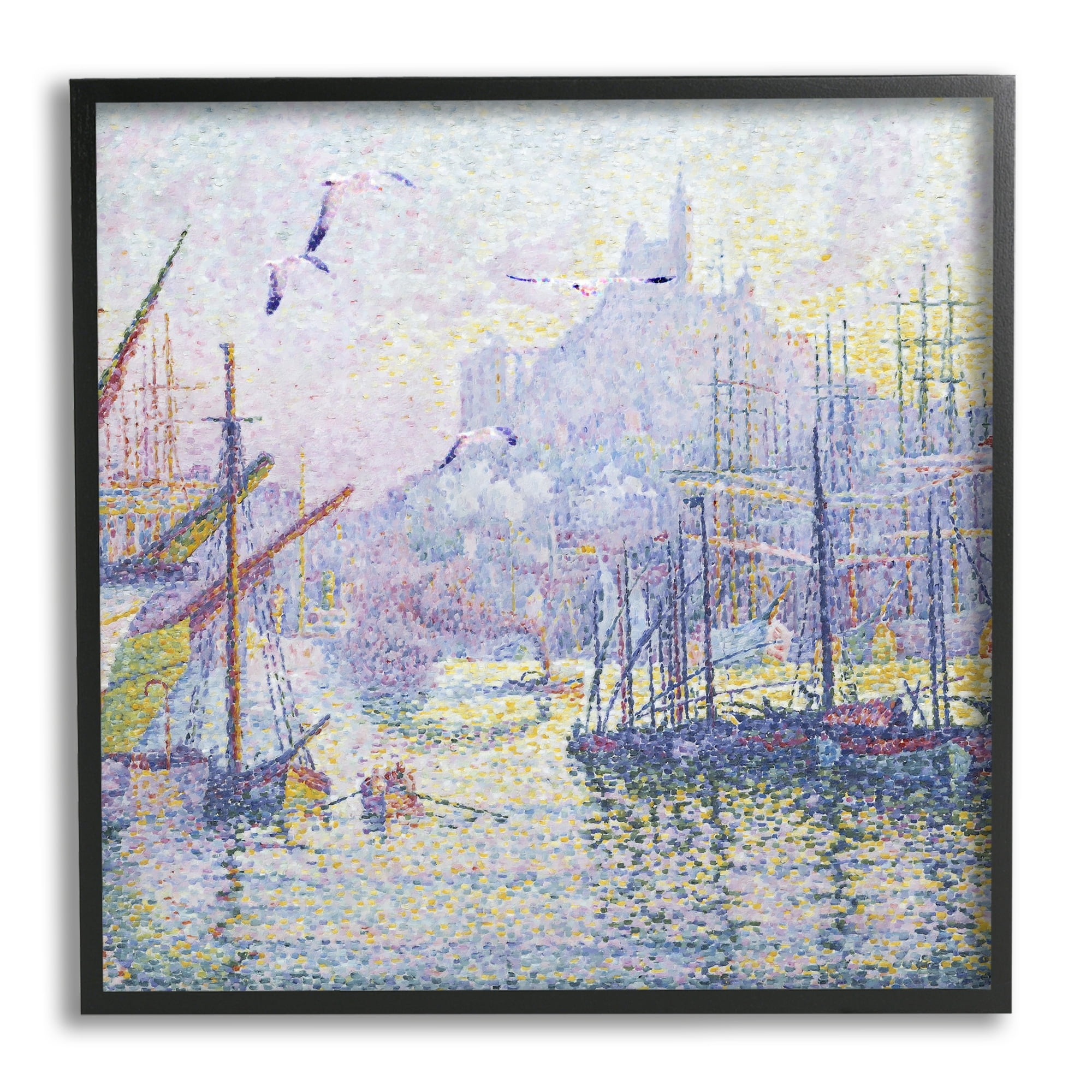 Morning Sunrise Ship Port Seagulls Nautical Pointillism Painting Coastal Painting Framed Art Print Wall Art