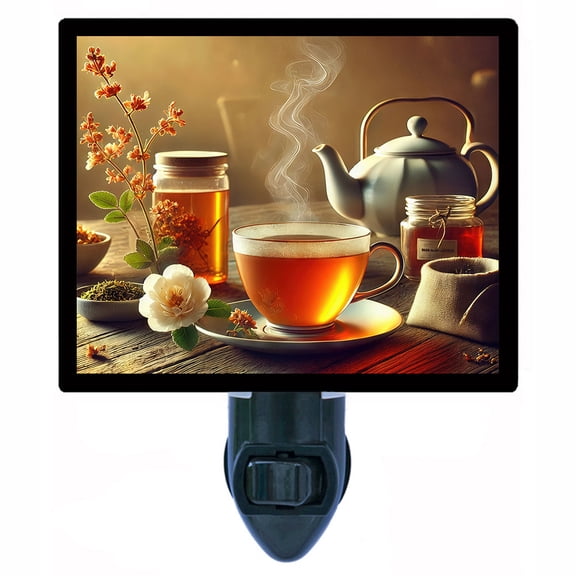 Morning Tea Night Light Teapot and Steaming Cup with Honey and Flowers Kitchen Dcor with Free Switchable Insert