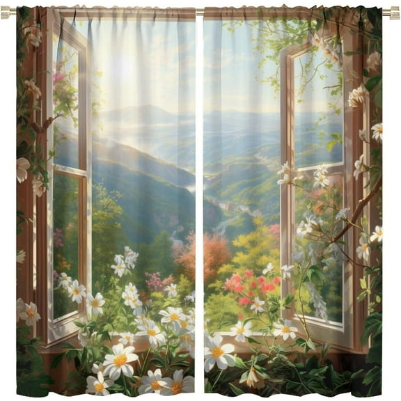 Morning Window Flower Landscape Blackout Curtain, Mountain Window Frame Art Vine Beautiful Scenery, Green Plant Chrysanthemum Sun Curtain, Teen Room Living Room Curtain 2 Pieces 52x84in