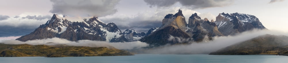 Morning clouds over the Paine Grande (L) and the Cuernos (R) from Lake Pehoe Torres Del Paine National Park Chile Canvas Art - Panoramic Images (42 x 9)