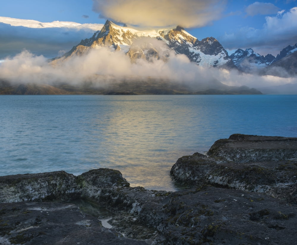 Morning clouds over Paine Grande and Lake Pehoe Torres Del Paine National Park Chile Canvas Art - Panoramic Images (12 x 36)