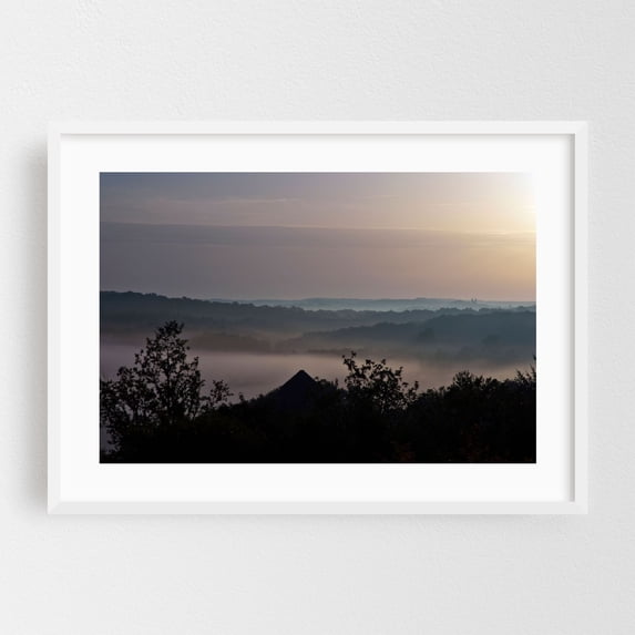 Morning mist in the medieval mountain village of Léobard - Léobard Occitanie France Photography Foggy Landscape Nature Scenic Silhouette Sunset Forest White Framed Wall Art Print 12 x 18 inches
