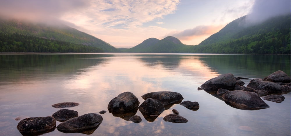 Morning mist on Jordan Pond Acadia National Park Maine USA Canvas Art - Panoramic Images (36 x 12)