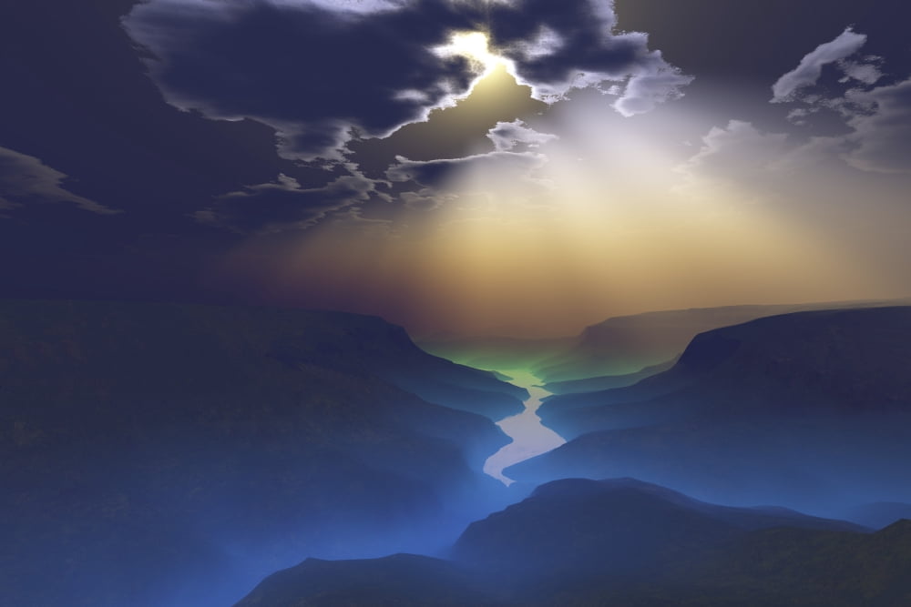 Morning mist surrounds the mountains of this beautiful valley Canvas Art - Corey FordStocktrek Images (35 x 23)