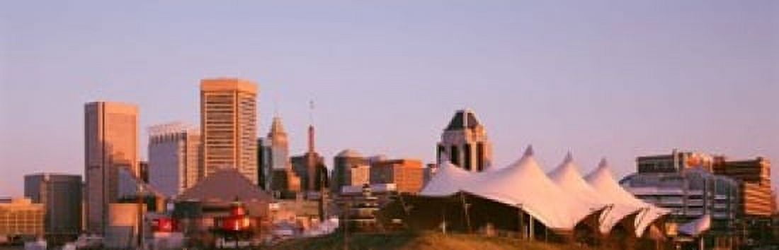 Morning skyline & Pier 6 concert pavilion Baltimore MD USA Canvas Art - Panoramic Images (18 x 6)