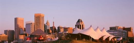 Morning skyline & Pier 6 concert pavilion Baltimore MD USA Canvas Art - Panoramic Images (36 x 12)