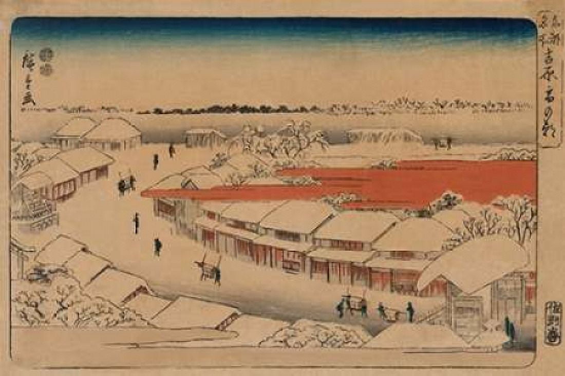 Morning snow at Yoshiwara Canvas Art - Ando Hiroshige (24 x 36)
