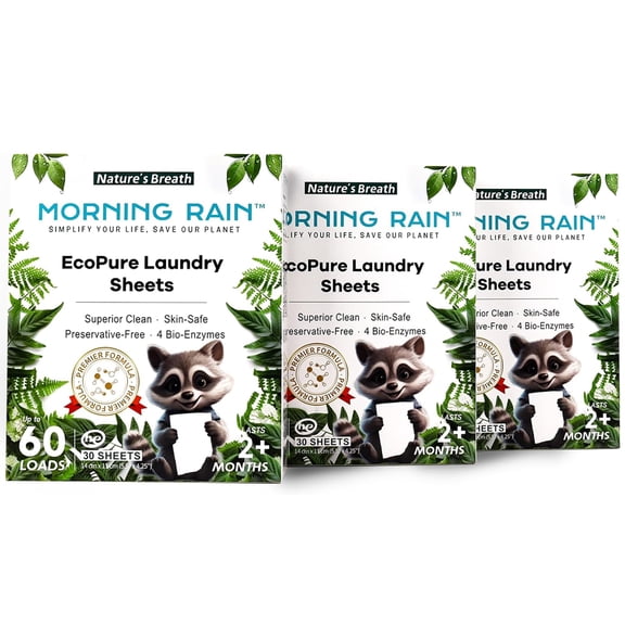 MorningRain: Eco-Safe Laundry Detergent Sheets - Fresh Garden Scent, 30 Sheets, 3 Packs - (90ct,180 Loads), Bio-Enzyme Formula, Power Clean, Non-Toxic
