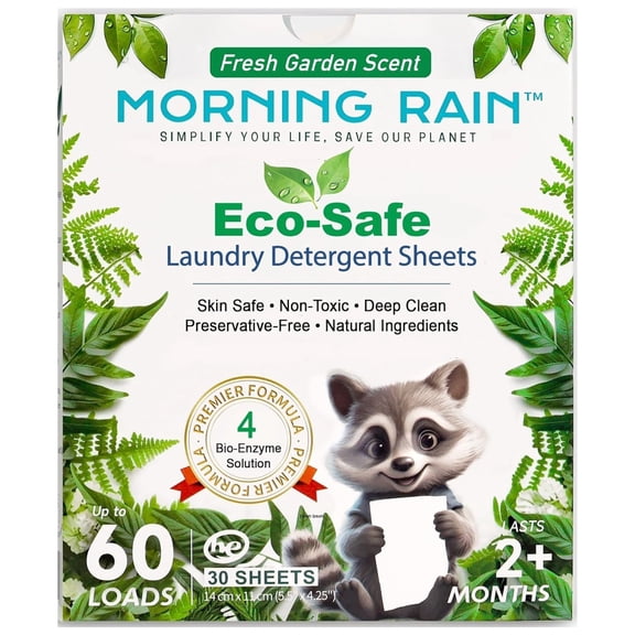MorningRain: Eco-Safe Laundry Detergent Sheets - Fresh Garden Scent, 30 Sheets - 60 Loads, Bio-Enzyme Formula, Power Clean Clothes, Non-Toxic, Natural
