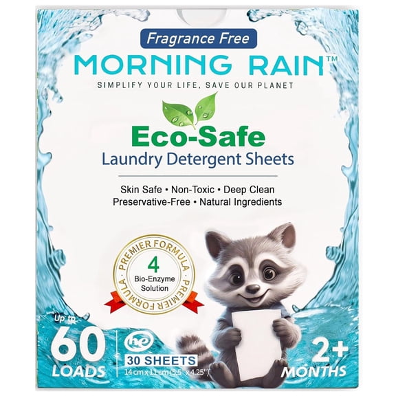 MorningRain: Eco-Safe Laundry Detergent Sheets - Unscented, 30 Sheets - 60 Loads, Bio-Enzyme Formula, Power Clean, Clothes Washing, Non-Toxic, Natural